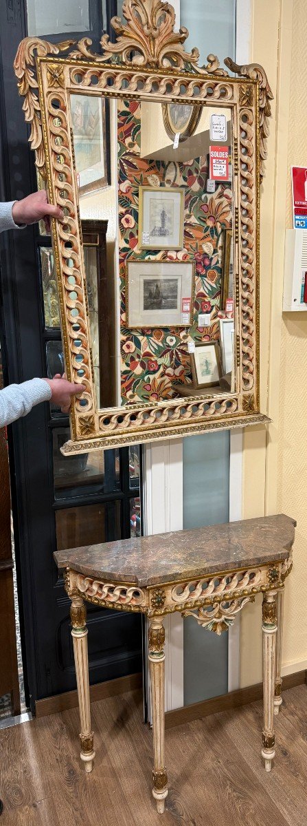 Antique Wooden Console With Marble And Matching Mirror-photo-1