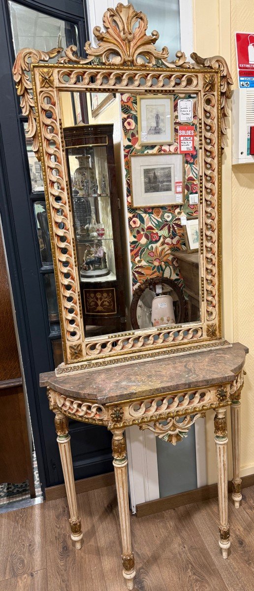 Antique Wooden Console With Marble And Matching Mirror