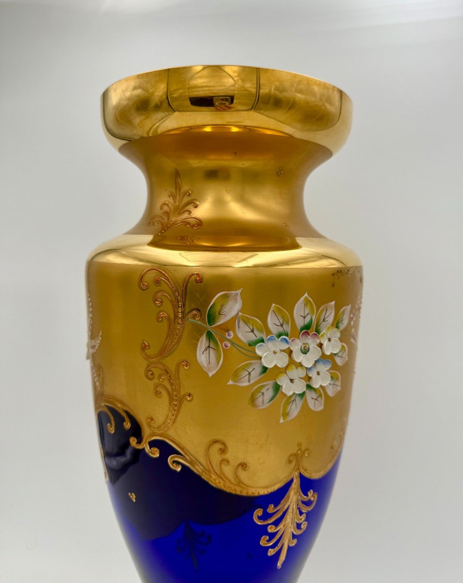 Cobalt Blue Gilt Glass Vase With Enamel Paintings (cz, Circa 1890)-photo-2