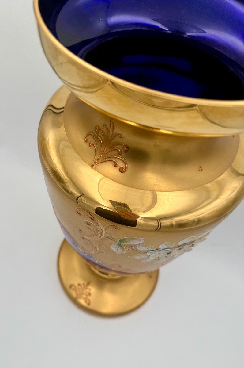 Cobalt Blue Gilt Glass Vase With Enamel Paintings (cz, Circa 1890)-photo-4