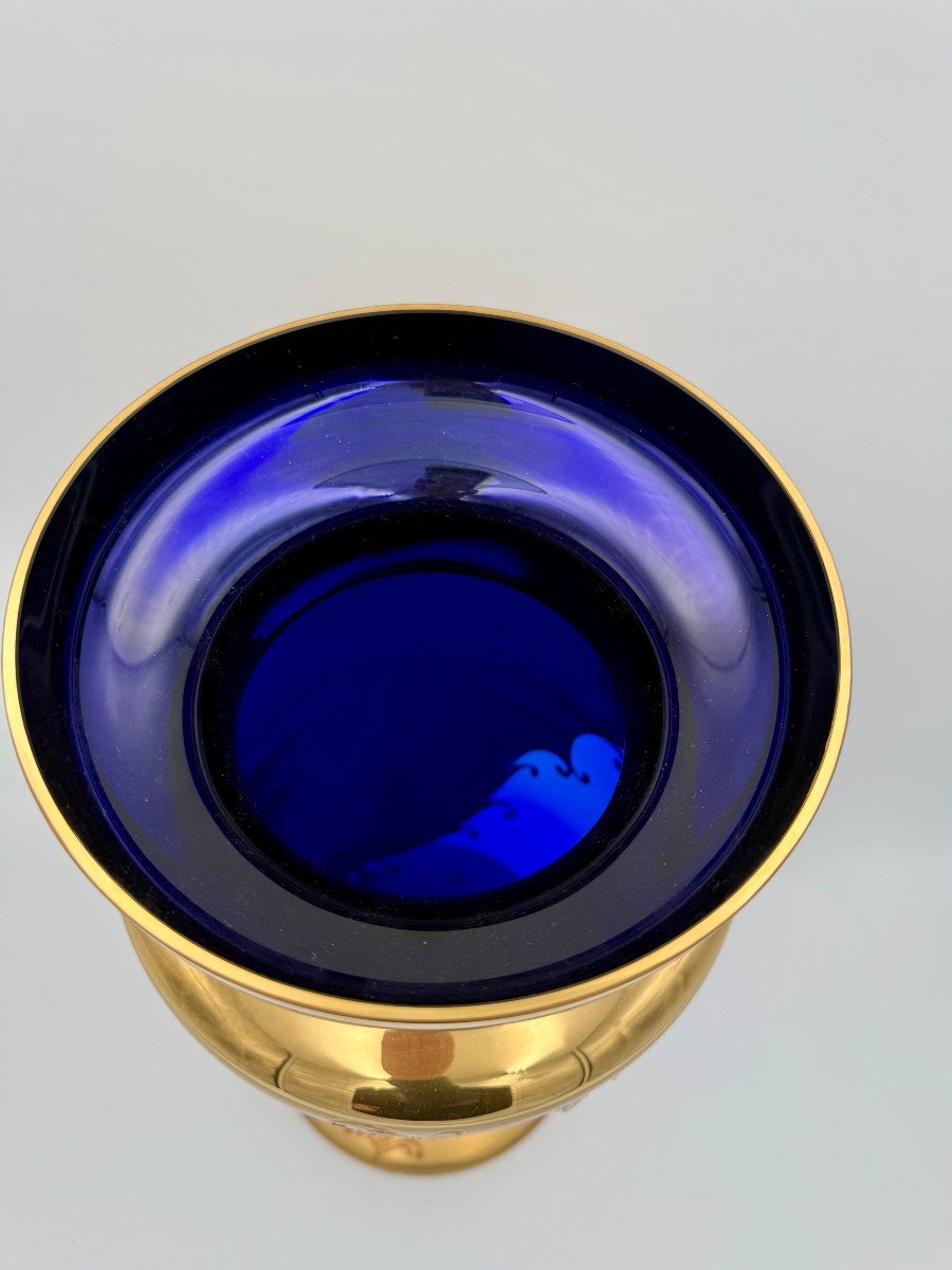 Cobalt Blue Gilt Glass Vase With Enamel Paintings (cz, Circa 1890)-photo-1