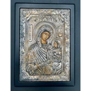 Icône Grecque Orthodoxe En Argent - Marie Et L’enfant Jésus