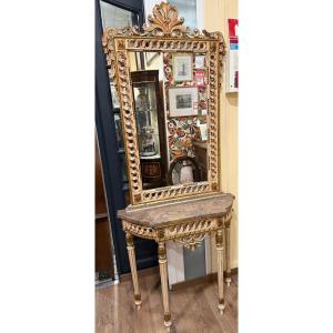 Ancienne Console En Bois Avec Marbre Et Miroir Assorti