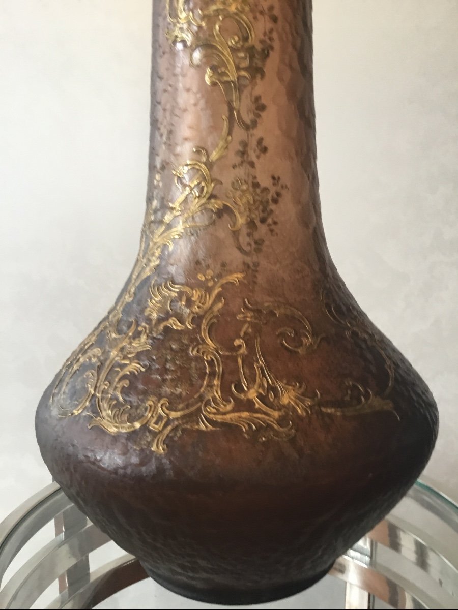 Very Large Art Nouveau Vase With Gold Enamel Decor. Montjoye Period 1900-photo-2