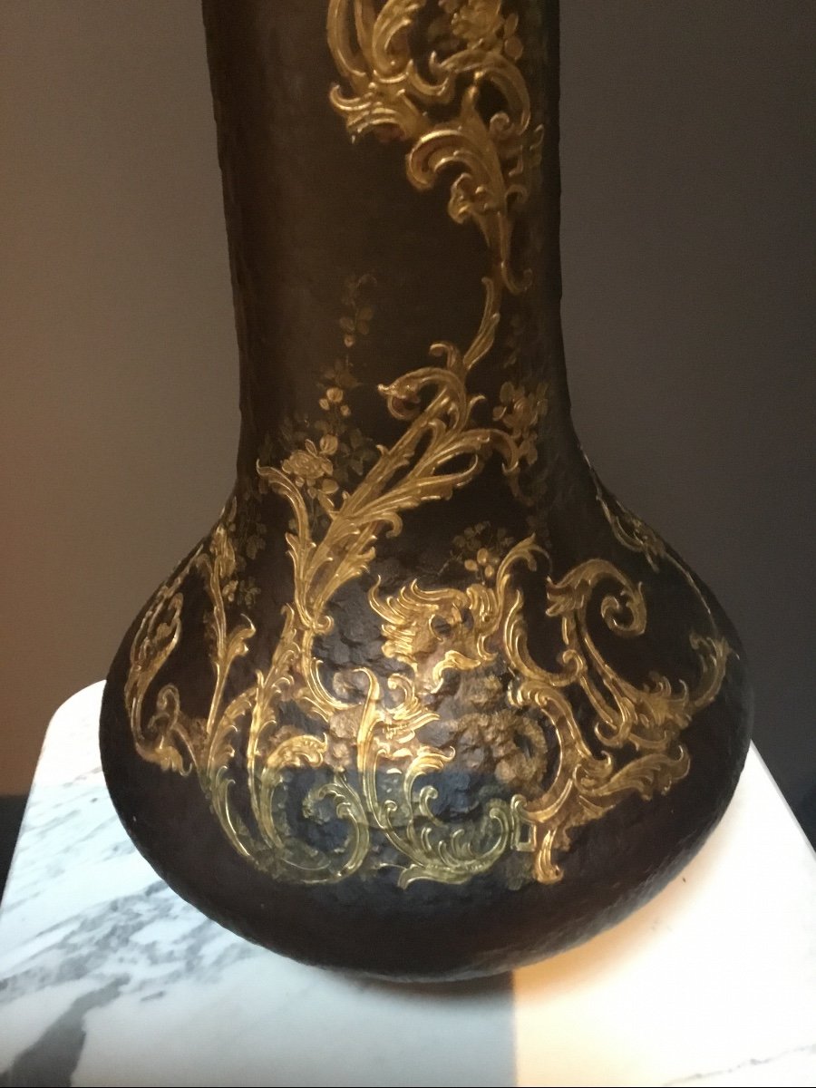 Very Large Art Nouveau Vase With Gold Enamel Decor. Montjoye Period 1900-photo-3