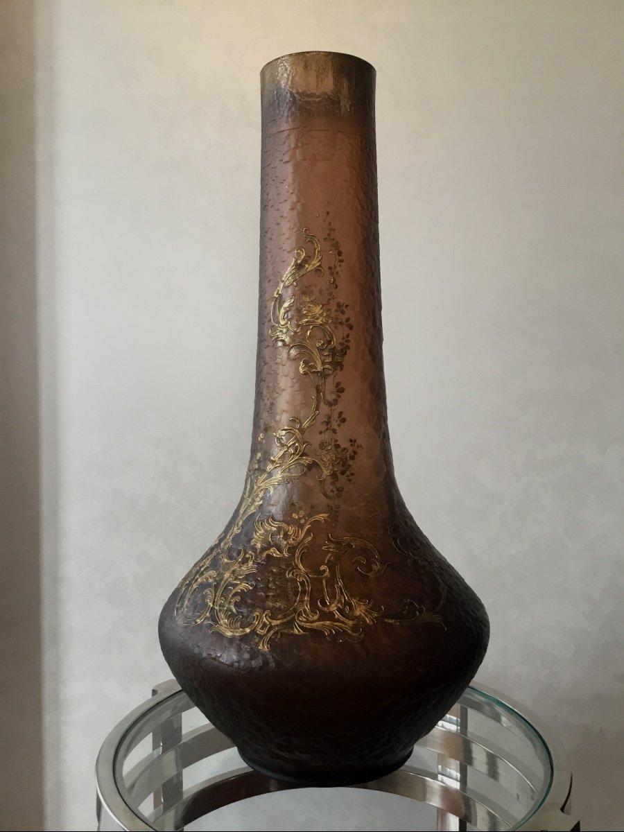 Very Large Art Nouveau Vase With Gold Enamel Decor. Montjoye Period 1900