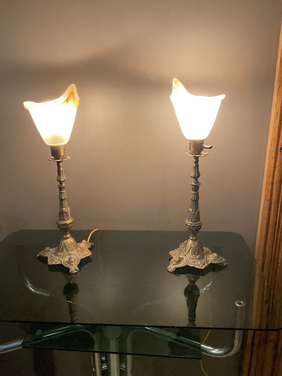 Pair Of Bronze And Glass Paste Lamps From 1920.-photo-3