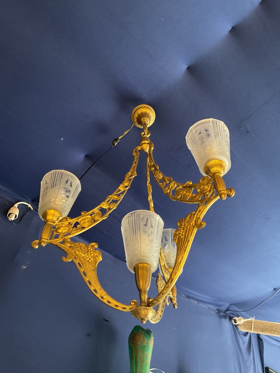 Art Deco Gilt Bronze Chandelier Signed Muller Frères Lunévilles -photo-4