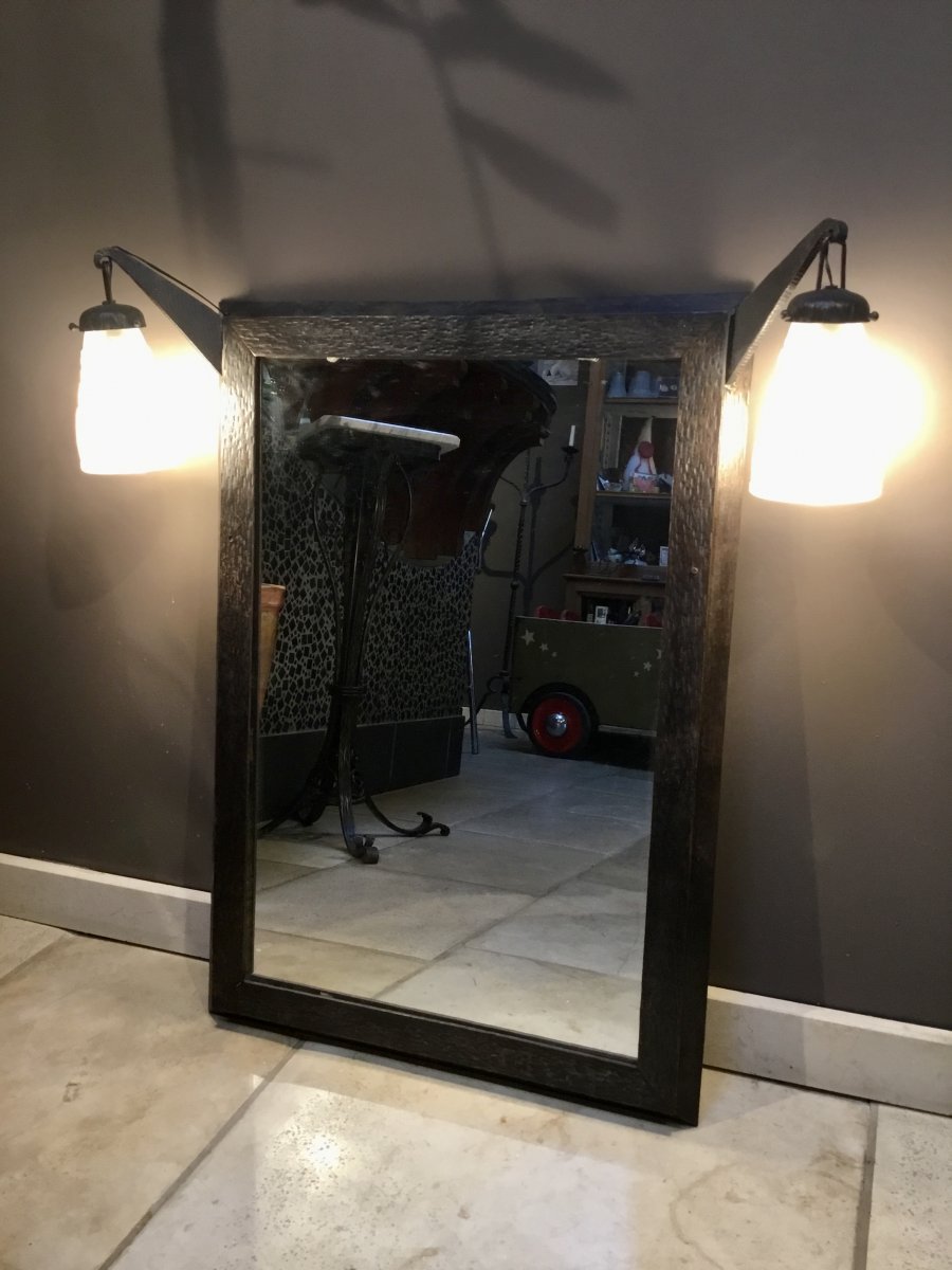Art Deco Wrought Iron Mirror With Incorporated Sconces-photo-3