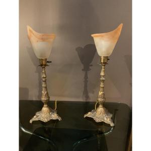 Pair Of Bronze And Glass Paste Lamps From 1920.