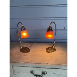 Pair Of Art Nouveau Night Lights Signed Schneider Water Lily Decor 