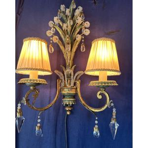 Pair Of Painted Metal And Crystal Wall Lights From The 1920s