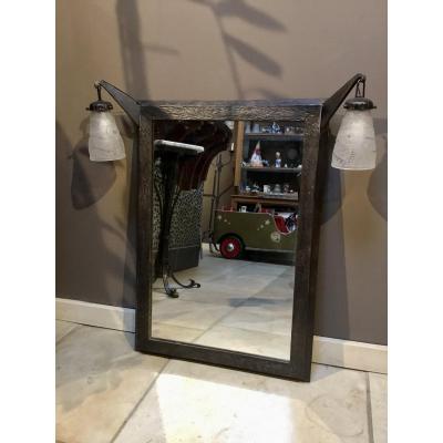 Art Deco Wrought Iron Mirror With Incorporated Sconces