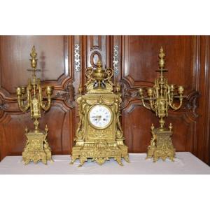 Grande Garniture De Cheminée En Bronze Doré d'époque XIX  ème