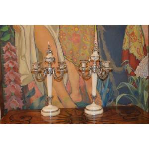 Pair Of Silver Plated Bronze Candelabra