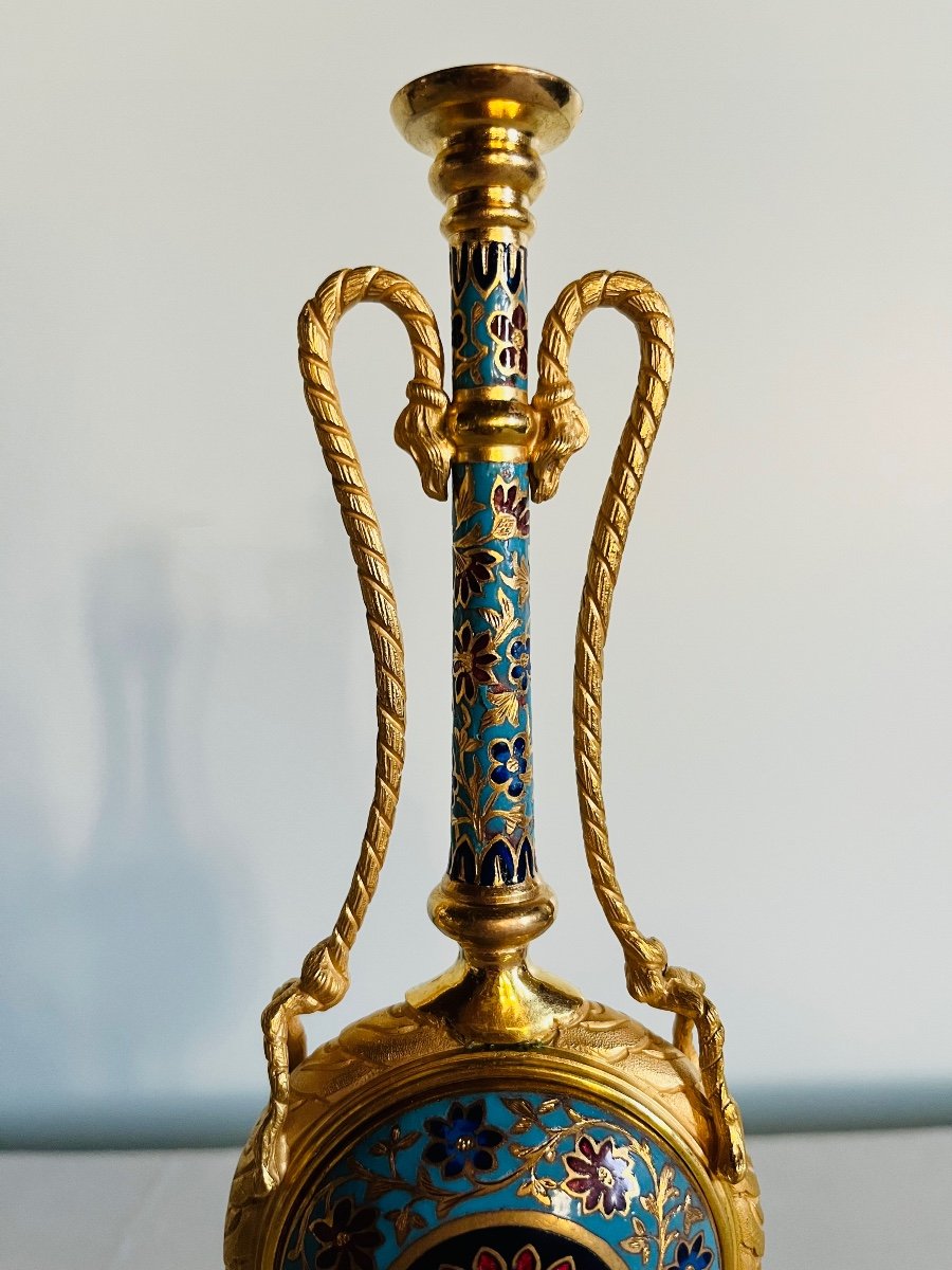 Paire de vases bronze doré émaux style Persan-photo-2