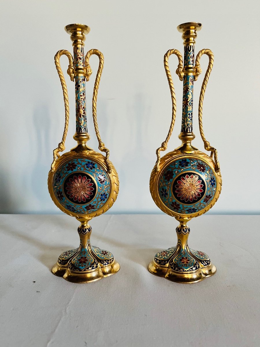 Paire de vases bronze doré émaux style Persan-photo-4