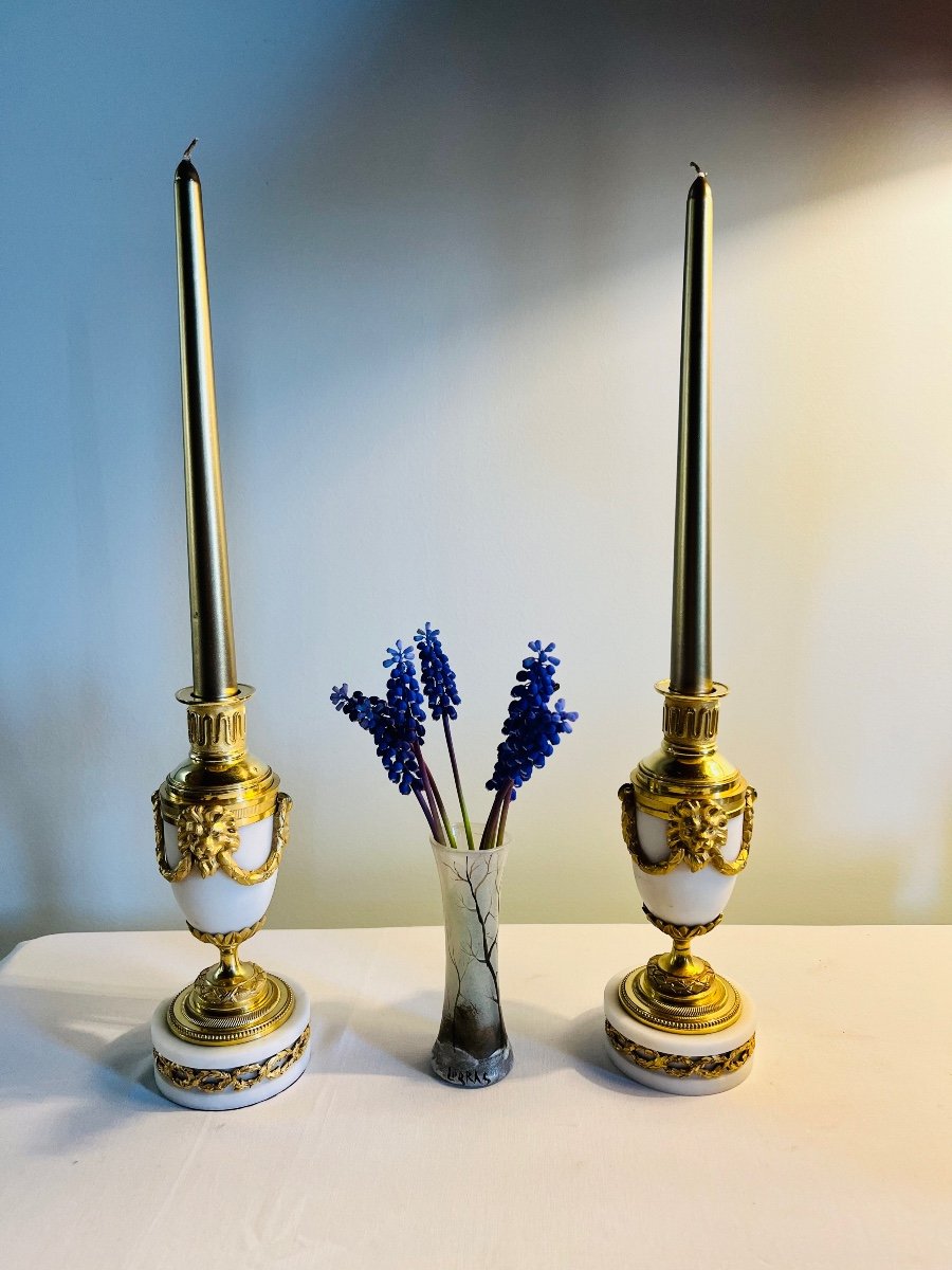 Reversible Candlesticks In Carrara Marble And Gilded Mercury Bronze-photo-3