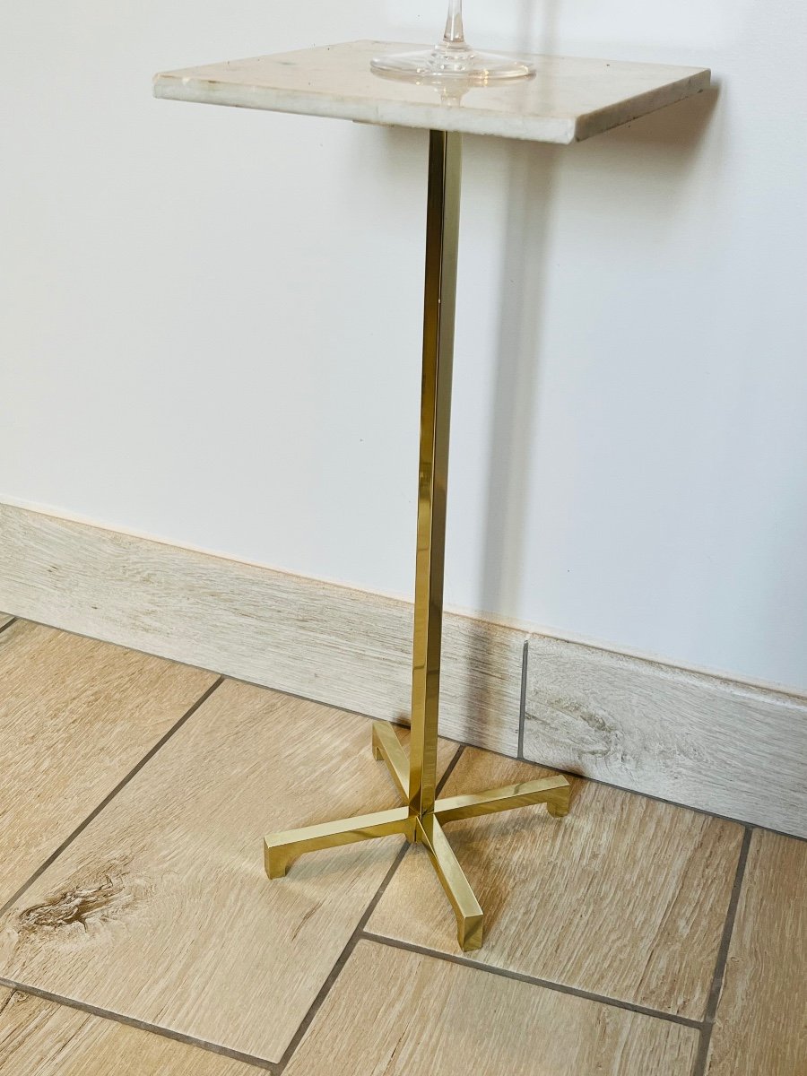 Five Small Pedestal Tables / End Tables / Display Stands In Brass And Marble -photo-1