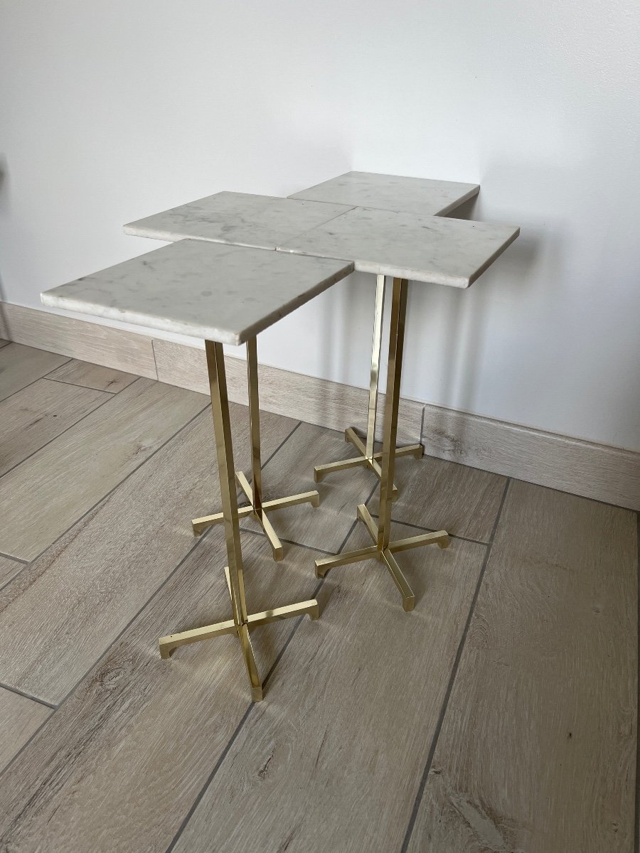 Five Small Pedestal Tables / End Tables / Display Stands In Brass And Marble -photo-4