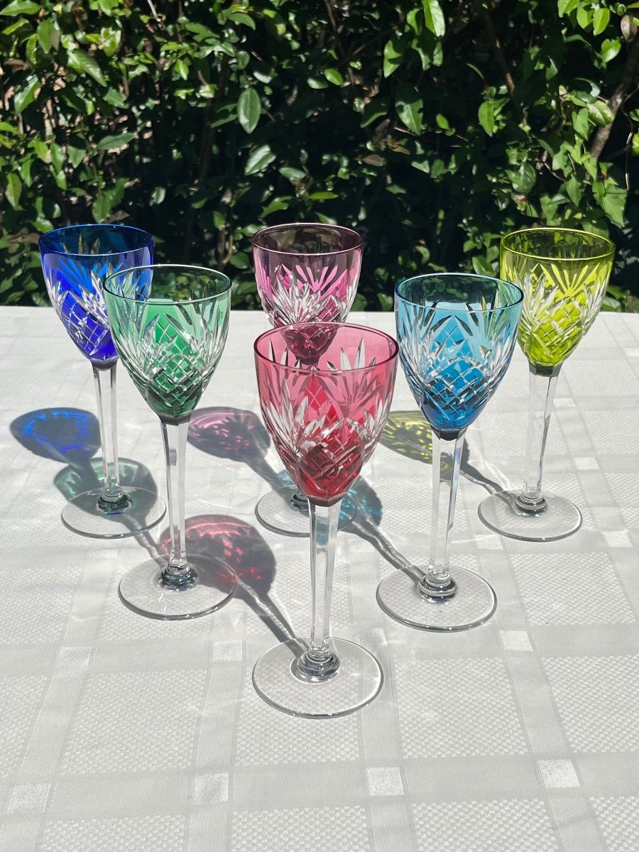 Six Saint Louis Colored Crystal Glasses, Chantilly Model 