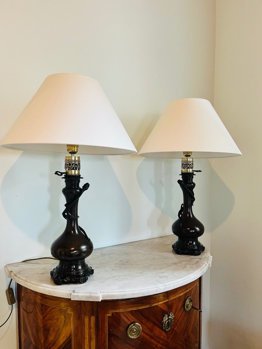 Pair Of Bronze Lamps With Asian Decoration 