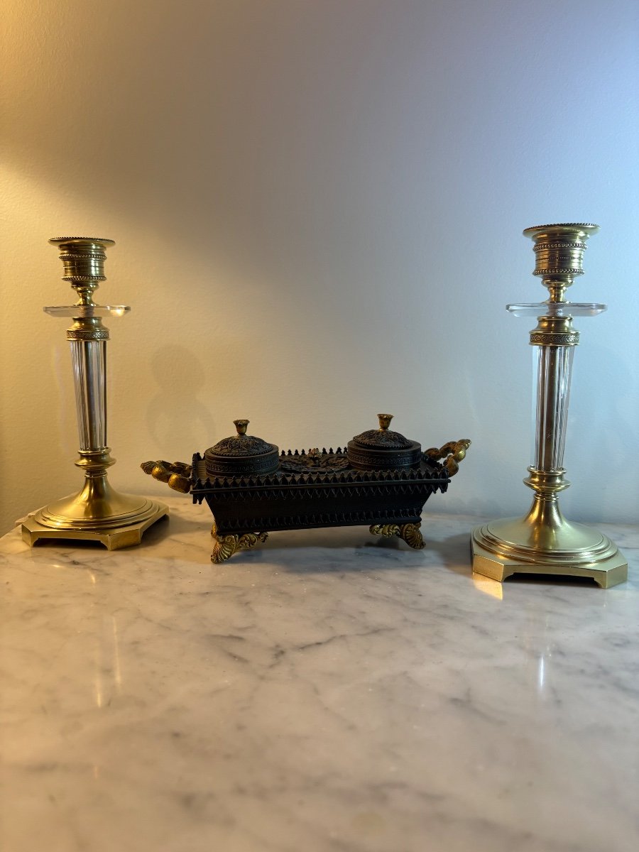 Pair Of Charles X Candlesticks In Crystal And Gilded Bronze -photo-1