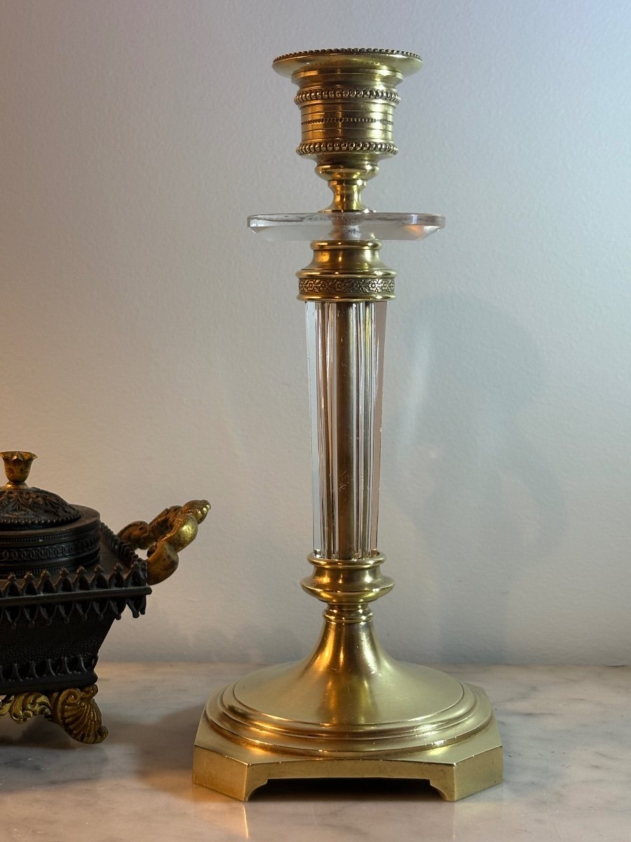 Pair Of Charles X Candlesticks In Crystal And Gilded Bronze -photo-2