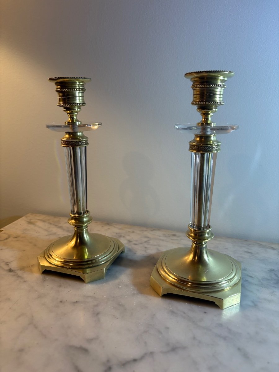 Pair Of Charles X Candlesticks In Crystal And Gilded Bronze 