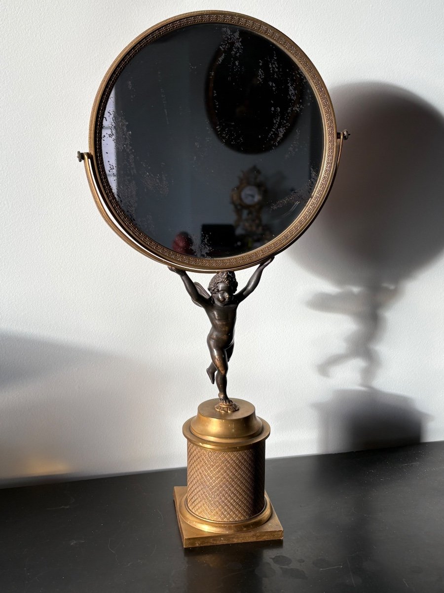 Empire Psyche Cherub Table Mirror In Gilt Bronze 