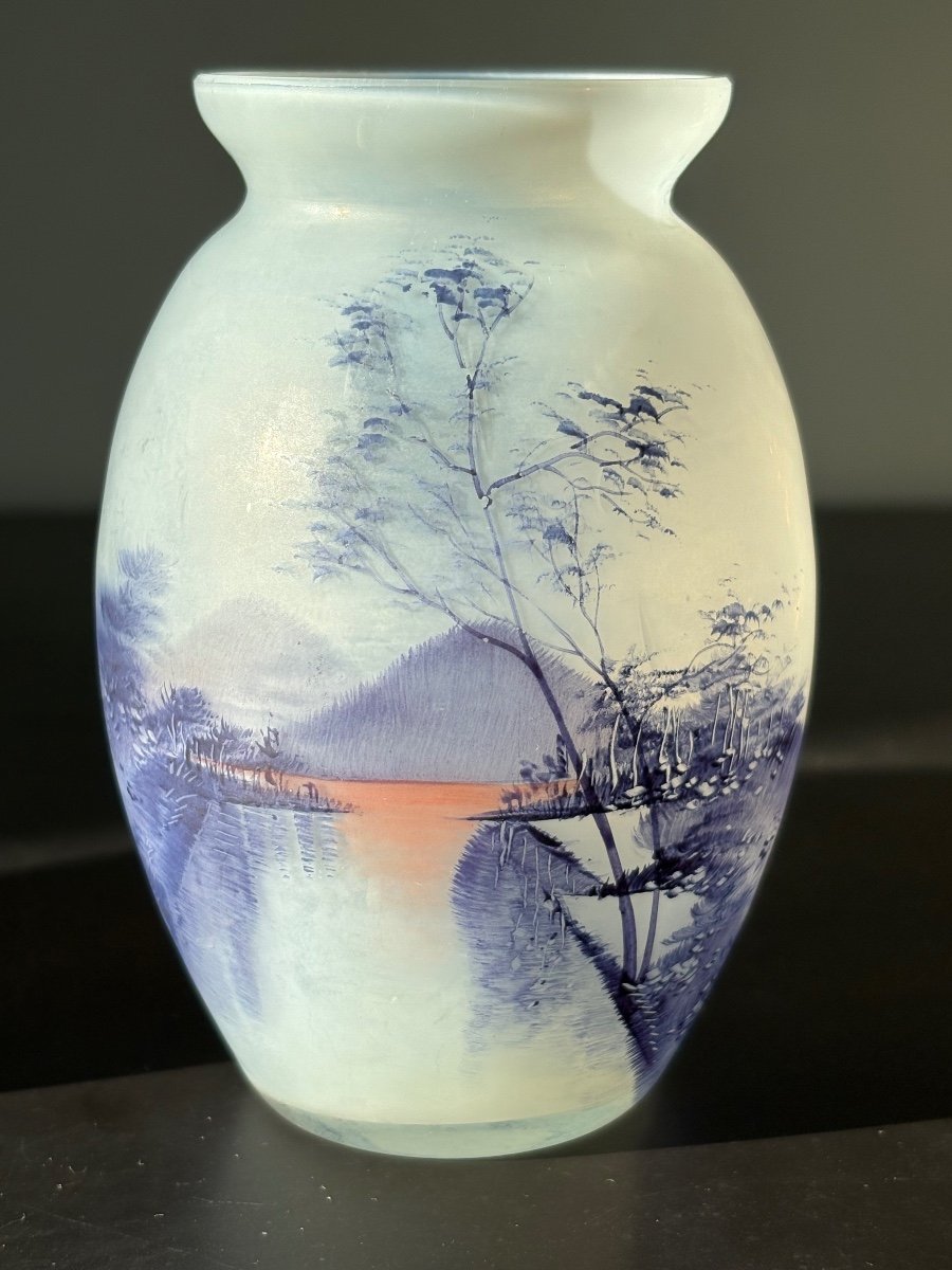 Pair Of Opalescent Glass Vases "lorraine Landscape"-photo-3