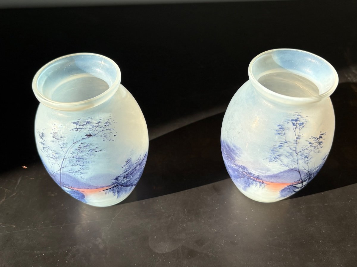 Pair Of Opalescent Glass Vases "lorraine Landscape"-photo-4