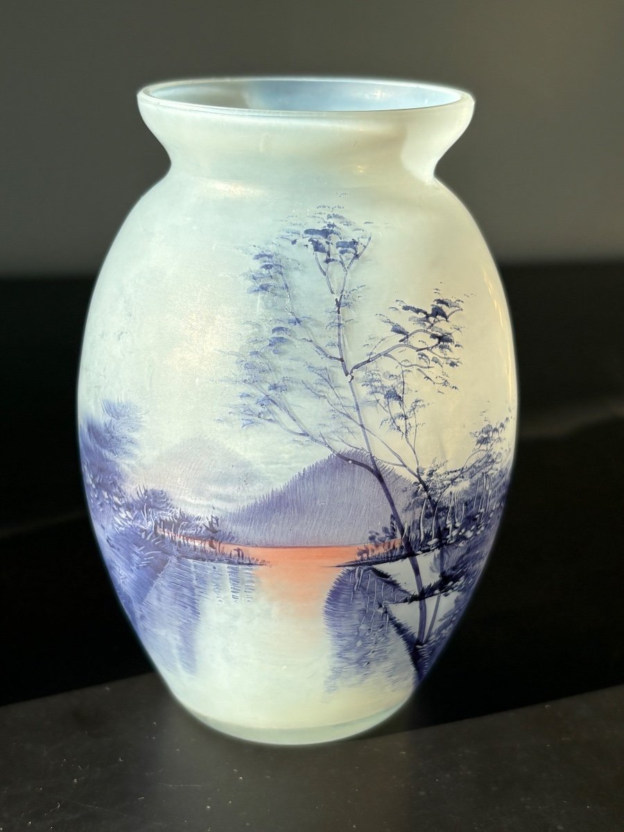 Pair Of Opalescent Glass Vases "lorraine Landscape"-photo-5