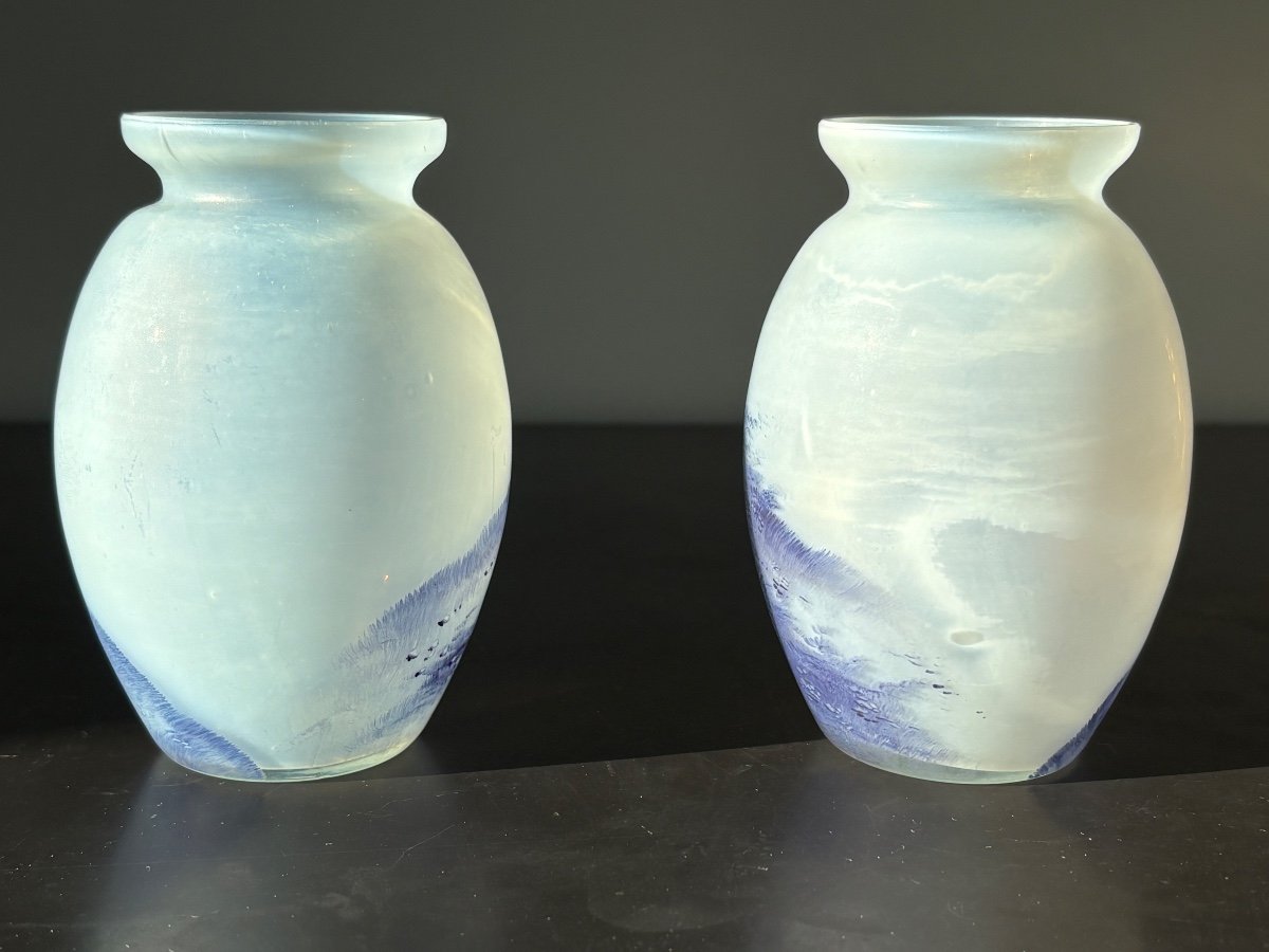 Pair Of Opalescent Glass Vases "lorraine Landscape"-photo-6