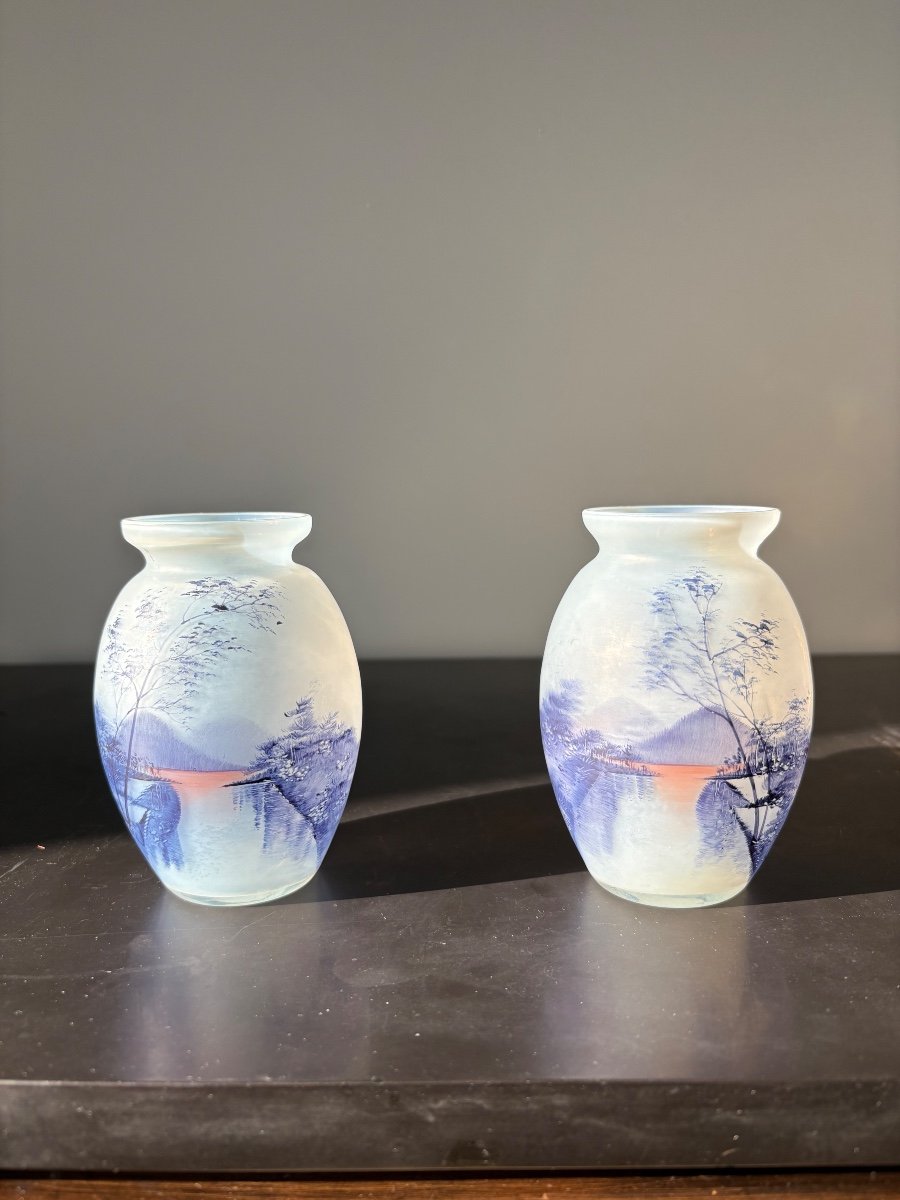 Pair Of Opalescent Glass Vases "lorraine Landscape"