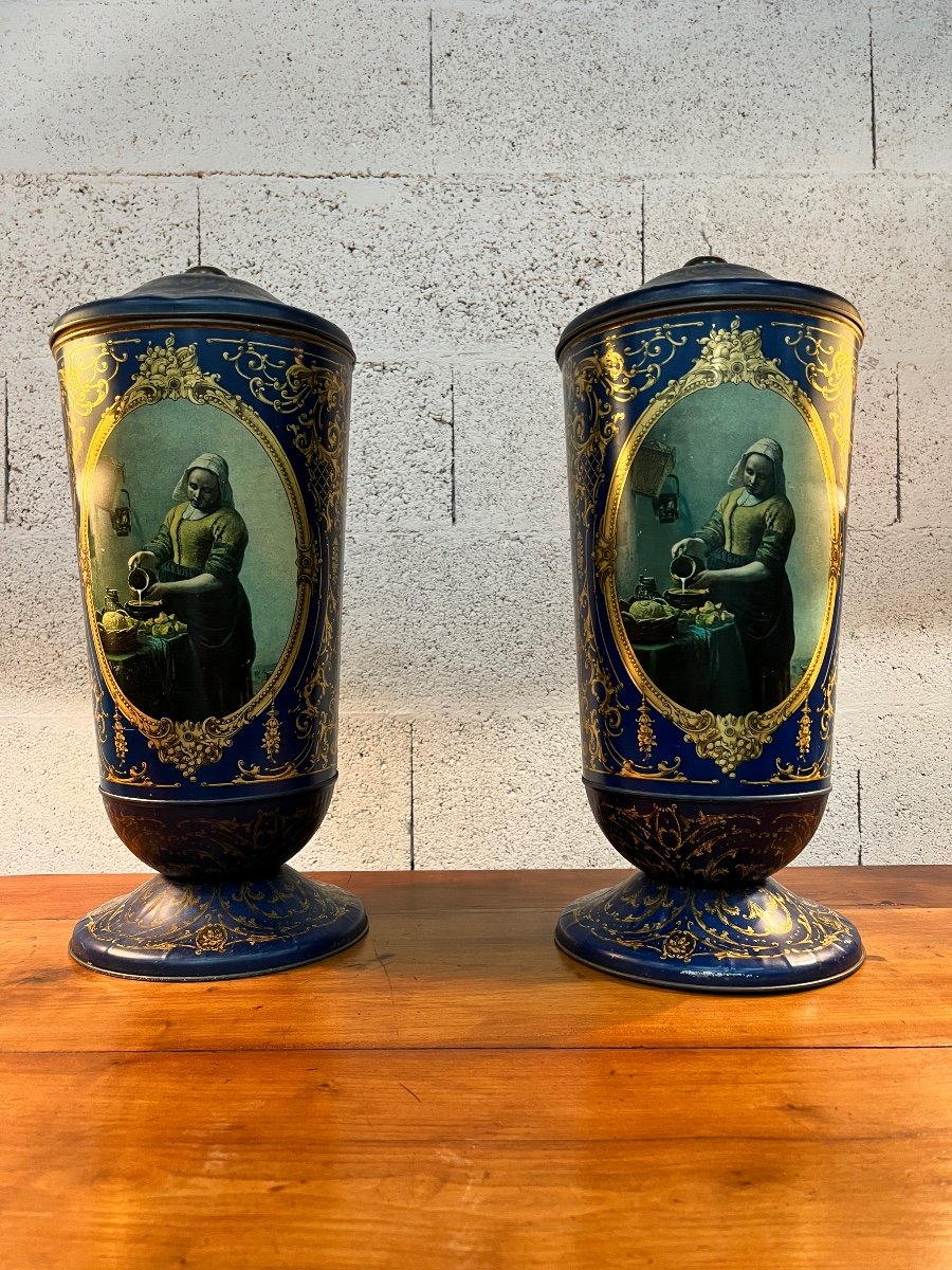 Pair Of Covered Pots In Painted Sheet Metal