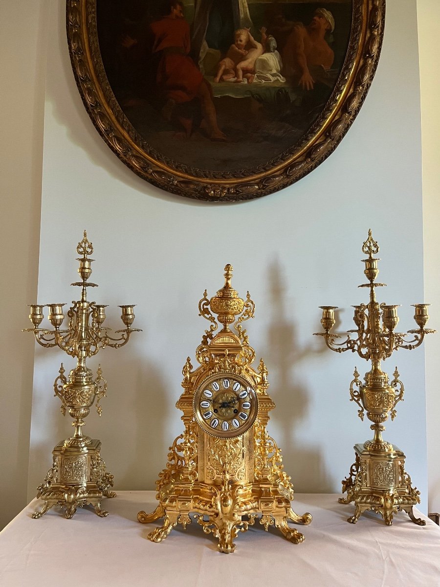 Gilt Bronze Pendulum With Mercury And Its Candelabra