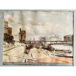 Le Louvre et le pont des Arts gravure aquatinte