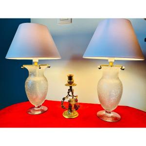 Pair Of Acid-etched Glass Lamps 