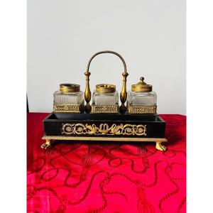 Empire Writing Inkwell In Ebony And Stamped Gilded Bronze 