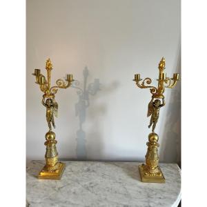 Gilt Bronze Candlesticks “with Winged Loves” Attr In Thomire 