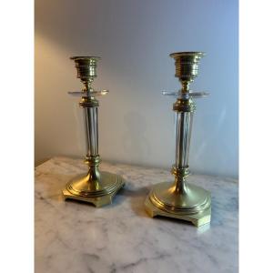 Pair Of Charles X Candlesticks In Crystal And Gilded Bronze 