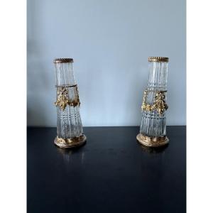 Pair Of Cut Crystal Vases With Gilded Bronze Ornaments 