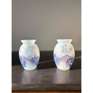 Paire de vases verre opalescent "Paysage Lorrain "