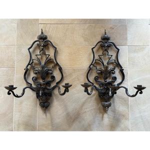 Pair Of Patinated Wrought Iron Wall Lights