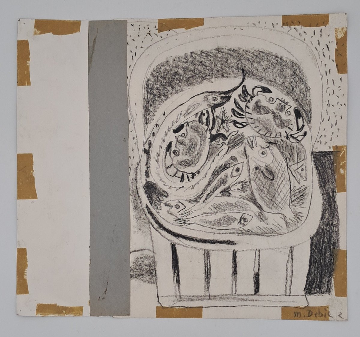 Michel Debieve (1931-2021), Sous-bois et plat de poisson, Gouache Sur Papier et crayon -photo-4