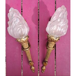 Pair Of Sconces Depicting Torches, Gilt Bronze, Ca 1900