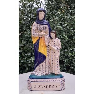 Huge Saint Anne Teaching The Virgin To Read, Earthenware Signed Henriot Quimper