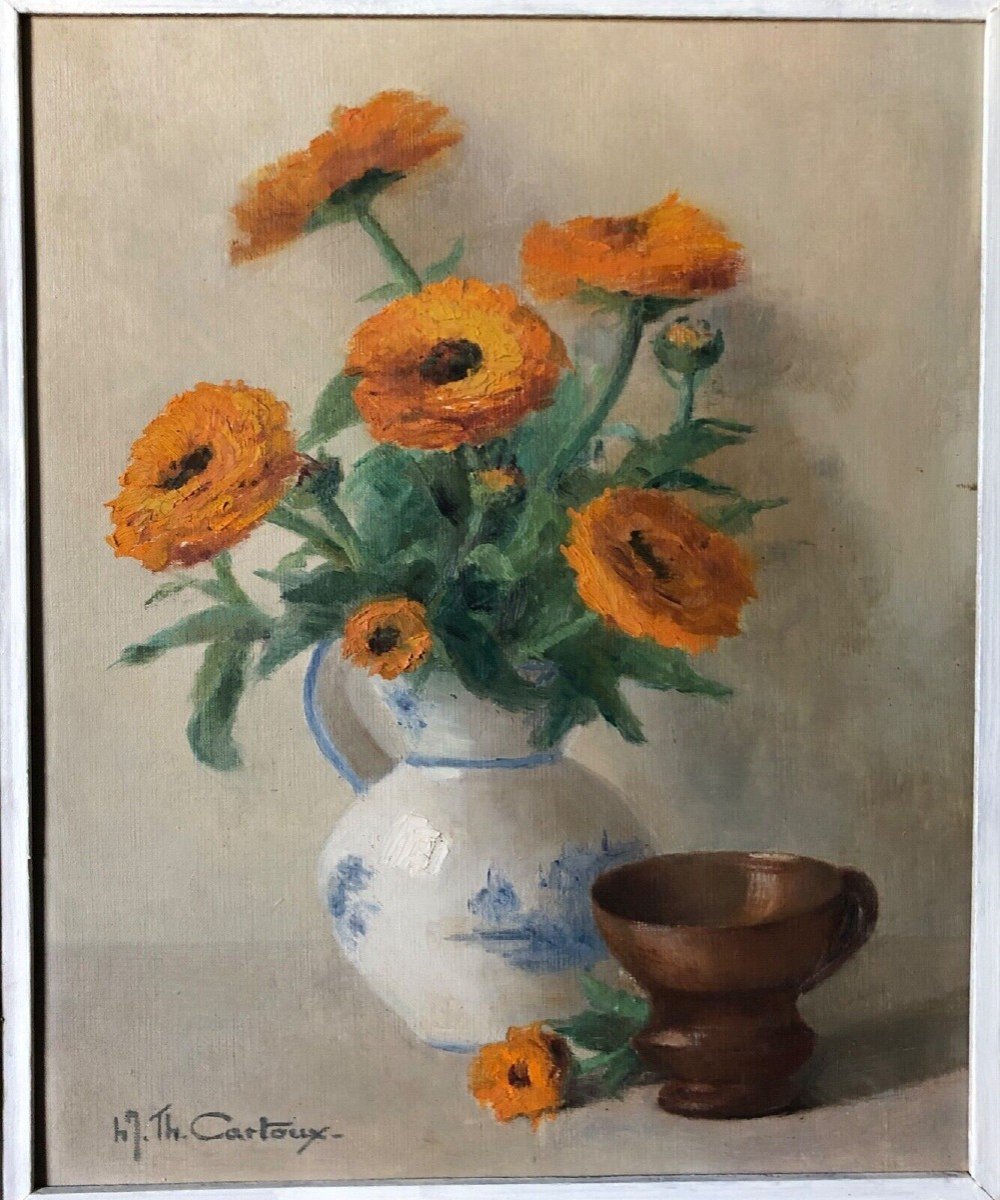 Oil On Panel By Hl Th Cartoux Still Life Bouquet Of Marigolds Twentieth-photo-3