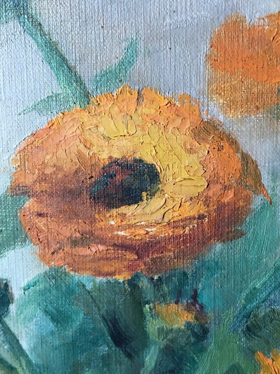 Oil On Panel By Hl Th Cartoux Still Life Bouquet Of Marigolds Twentieth-photo-7